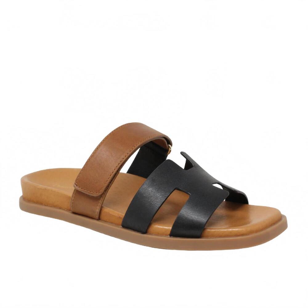 NEW DJANGO & JULIETTE women's nodette flat leather sandal in black-tan